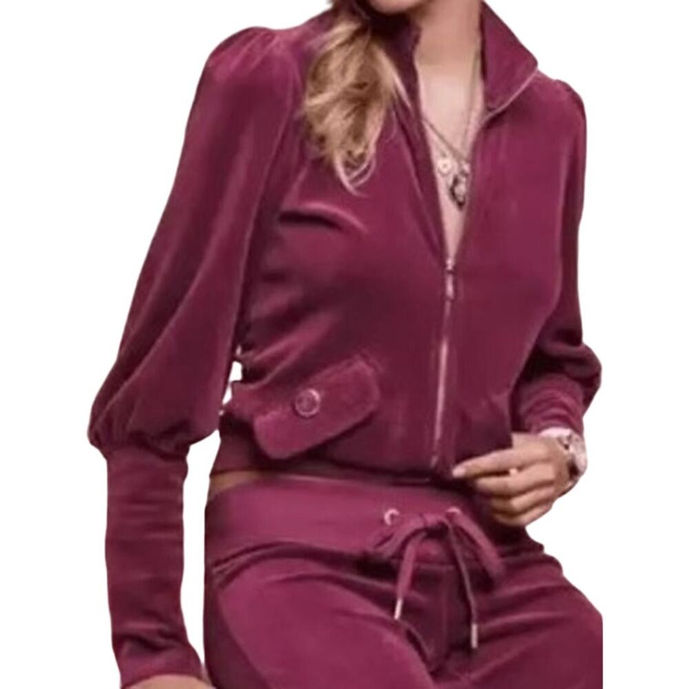 Vintage Juicy Couture Velour Jacket USA Full-Zip Puff Sleeve Pockets Fuschia L